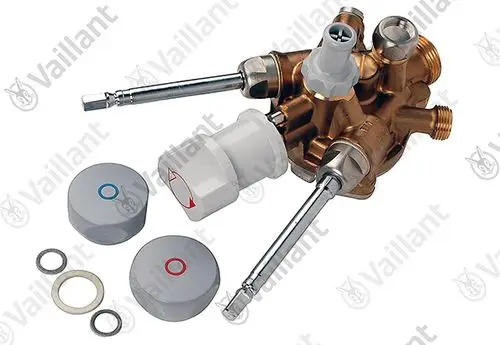 Vaillant Wasserschalter mit mehreren Anschlüssen und Regelmechanismus. Enthalten sind verschiedene Dichtungen und Bedienelemente in unterschiedlichen Farben.